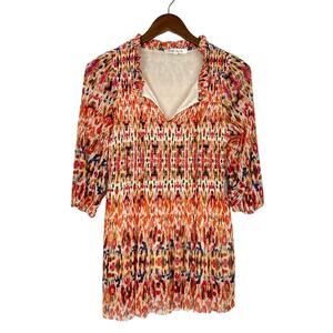 Rose + Olive | Orange & White Printed Smocked 3/4 Sleeve V-neck Blouse